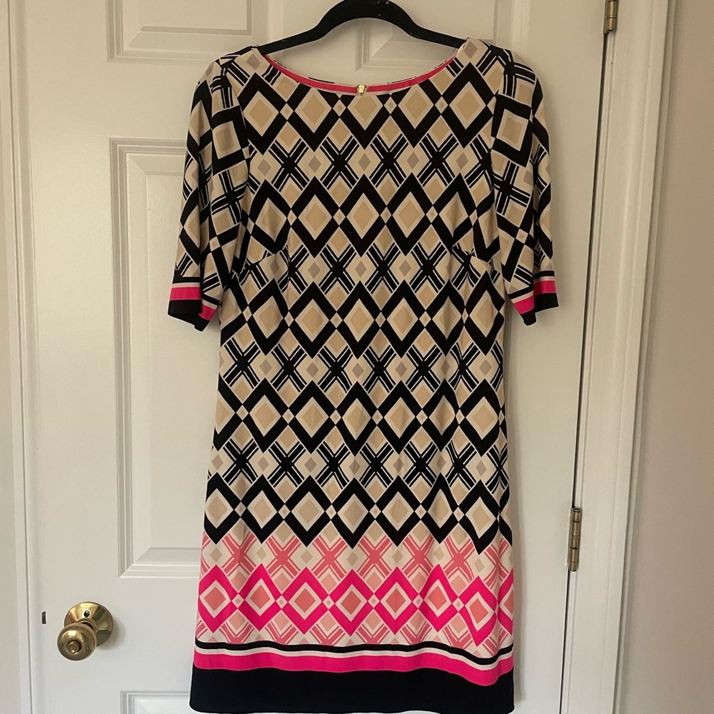 Geometric Patterned Dress in Black, Pink, and Cream